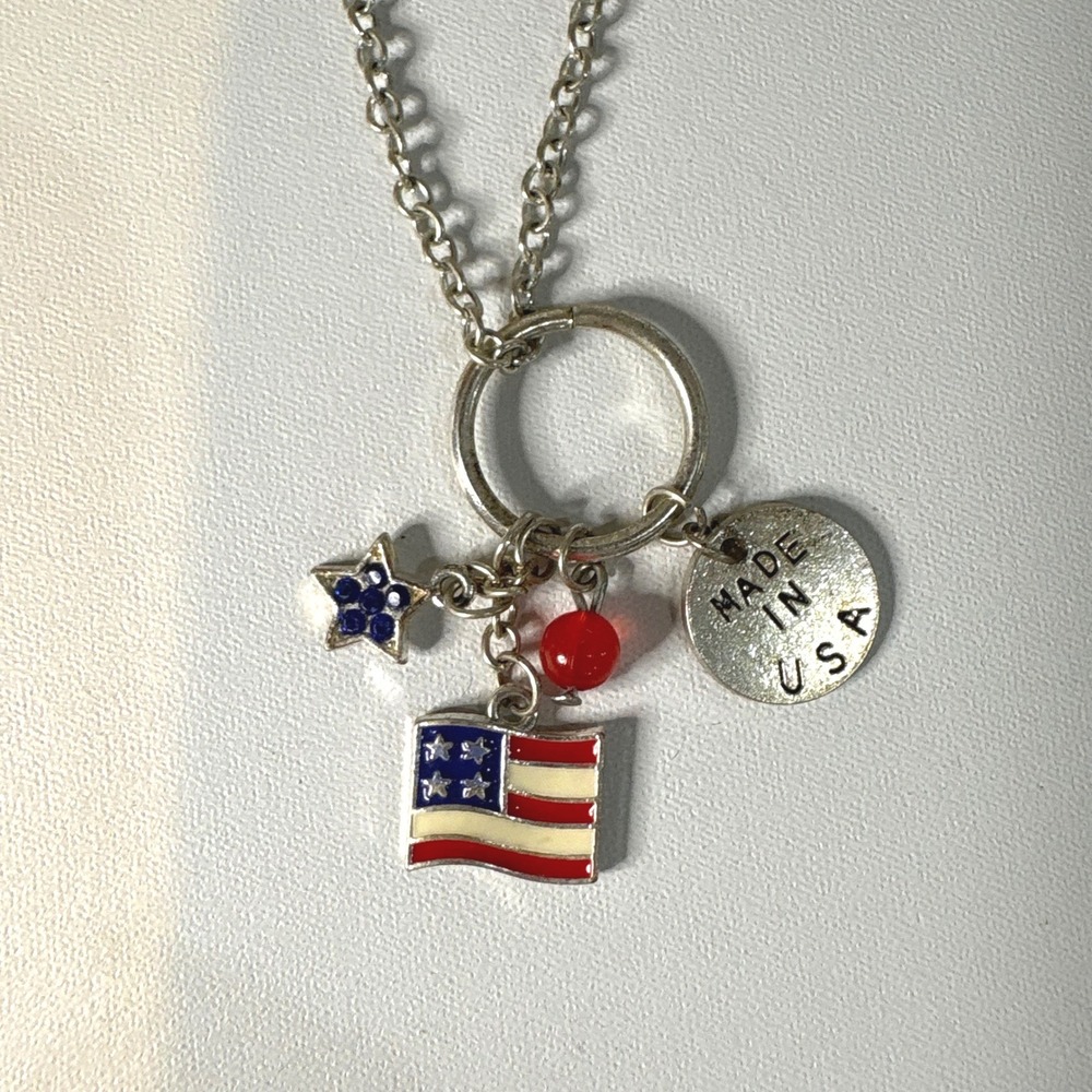 USA Patriotic Charm Necklace American Flag Star Red White Blue Made in USA